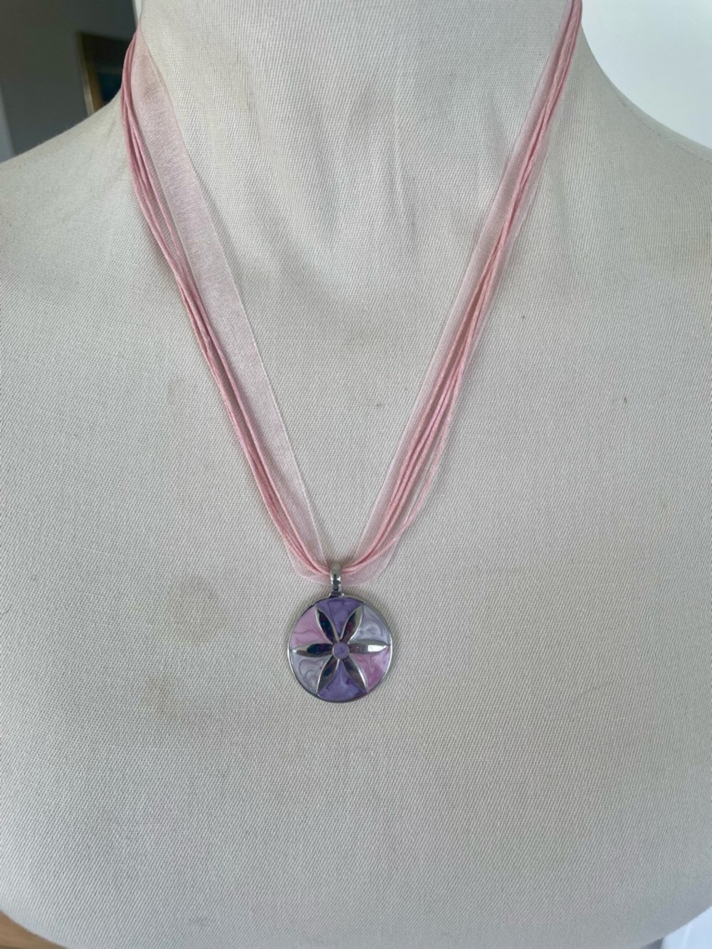 Sand Dollar Pendant Necklace Pink Enamel Silver Tone on Silk & Cord Chain NWT